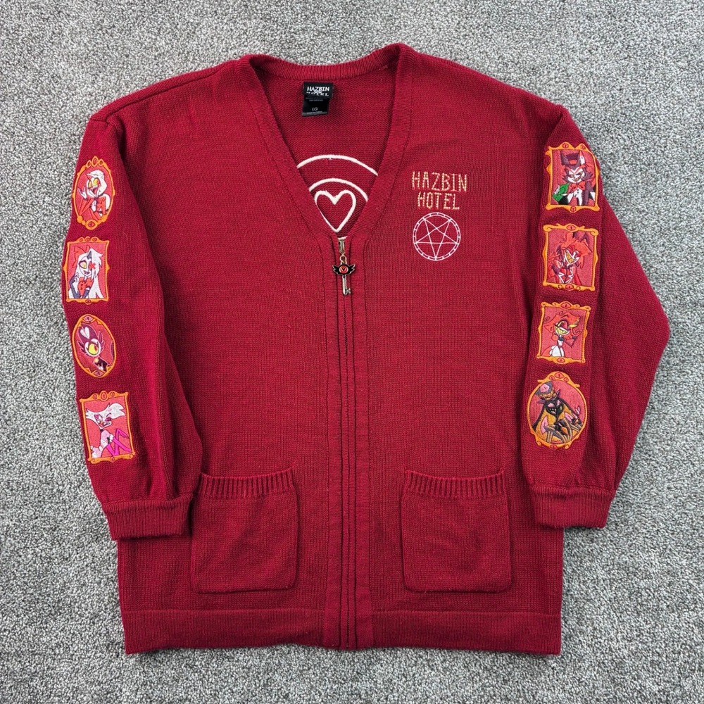 Hazbin Hotel Cardigan Sweater Women's Large Red Acrylic Zip Embroidered Patches